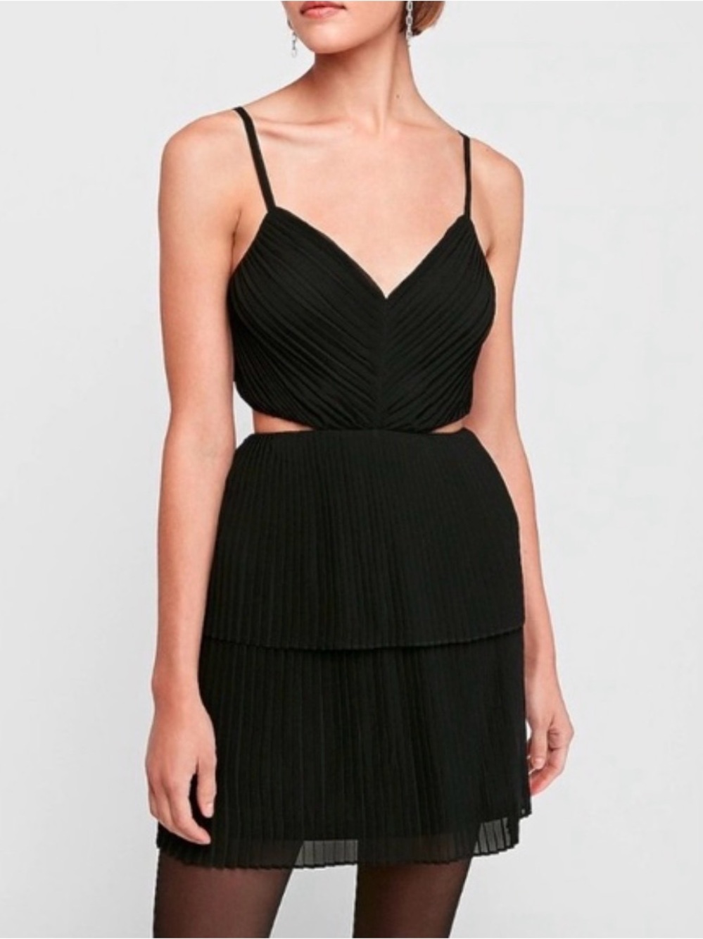 Express Black Pleated V-Neck Spaghetti Strap Mini Dress